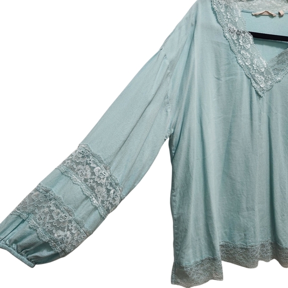 Soft Surroundings Claudia Top Size L Teal Blue Balloon Sleeves V Neck Lace Trim - Picture 4 of 6